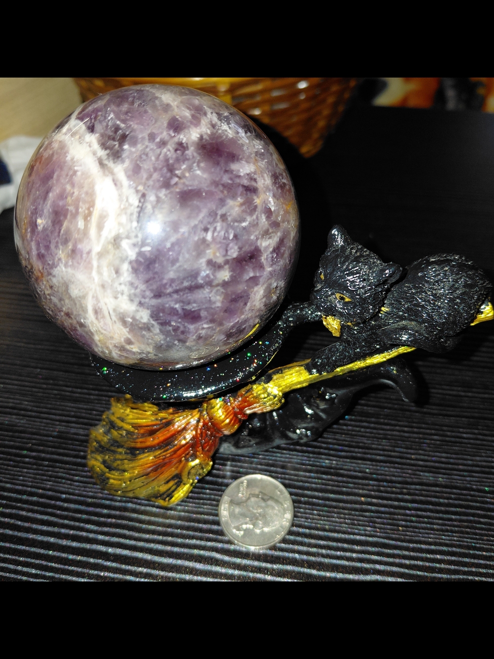 Amethyst Crystal Sphere on Black & Gold Cat Broomstand - Purple